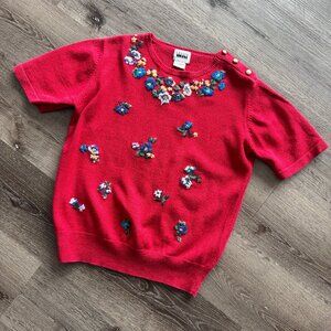 Gorgeous Vtg 90s Leslie Fay Dresses cottagecore knit floral short sleeve / M